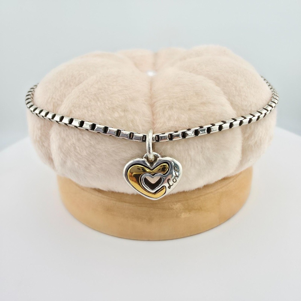 BRIGHTON Heart Charm Anklet Love Engraved Box Chain Silver & Gold Plate 10"